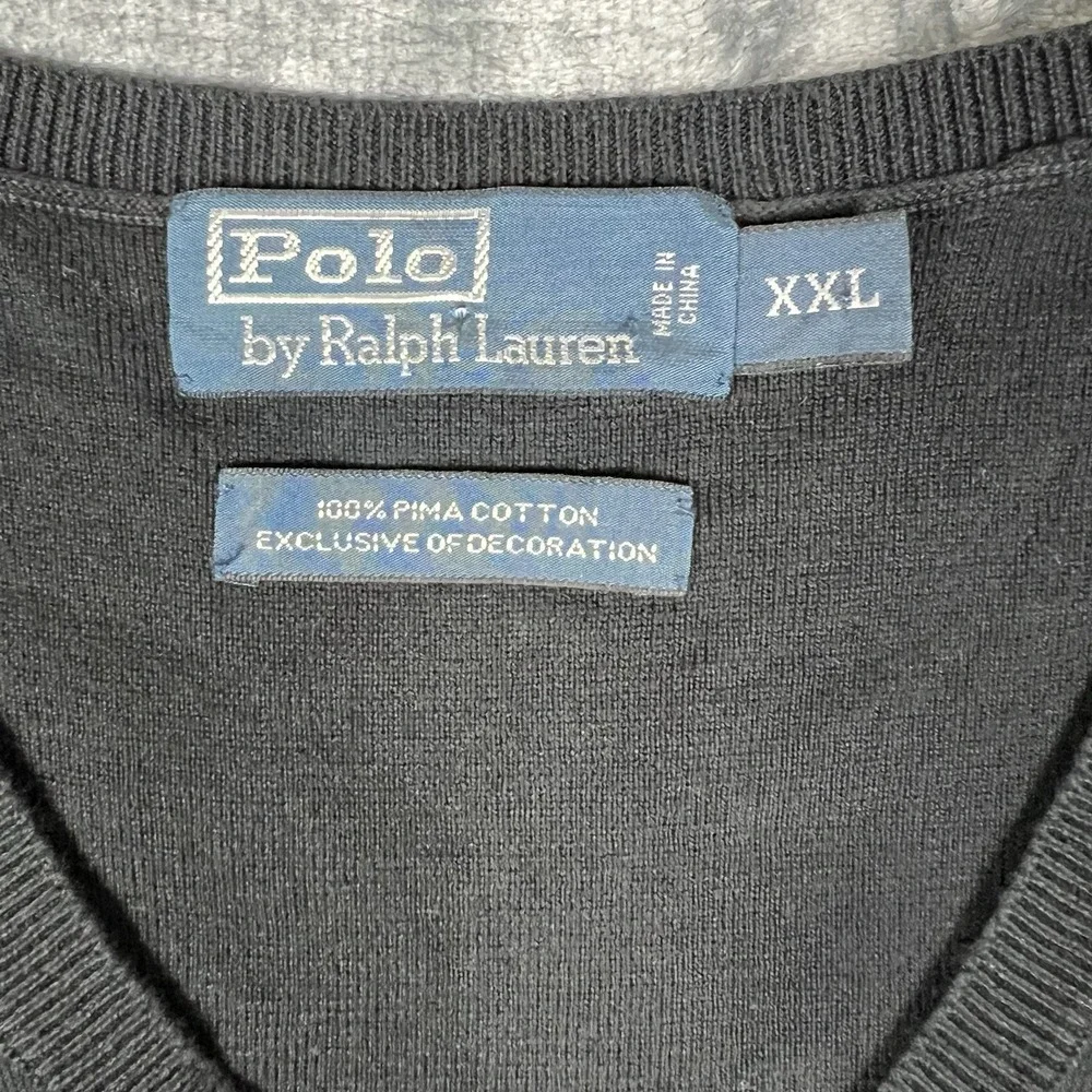 Vintage Polo Ralph Lauren 2XL XXL Black 100% Pima‎ Cotton Sweater Vest V Neck